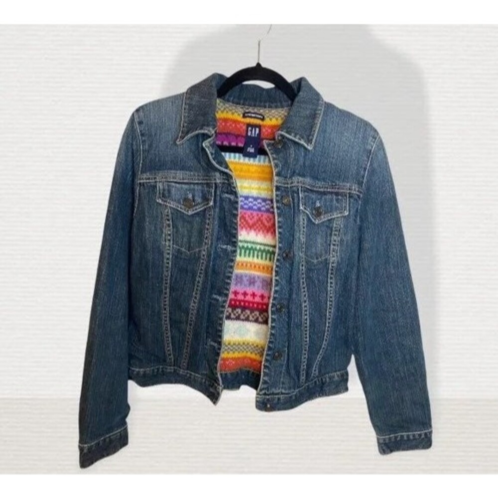 GAP Jean Denim Trucker Jacket Geometric Aztec Wool Knit Lined Size Small
